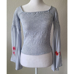 Guess Womens Smocked Embroidered Top SZ Medium Flare Bell Sleeve Floral Bohemian